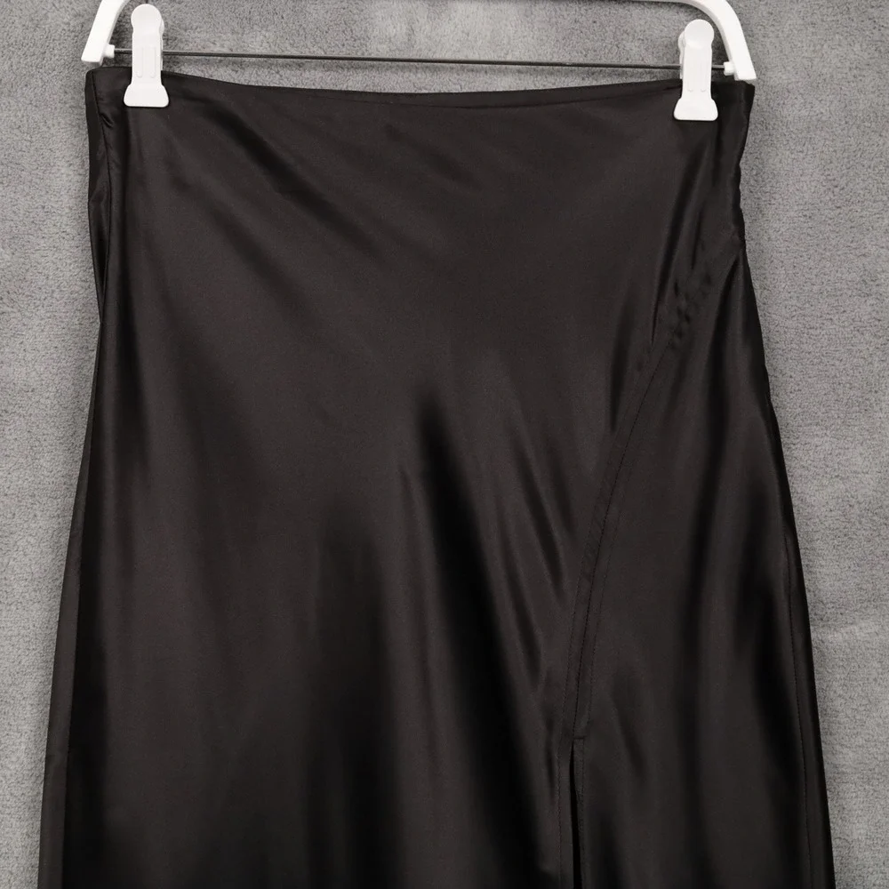 LULUS Smooth‎ Sophistication Black Satin Midi Skirt Side Slit High Waisted M NWT